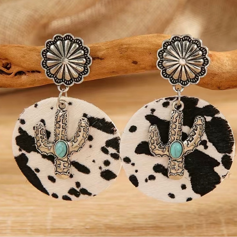 Cow pattern cactus with turquoise decor dangle ethnic style earrings